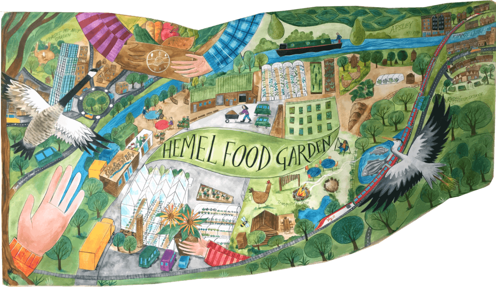 A colorful illustration depicting a community garden named "Hemel Food Garden."