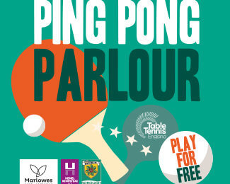 A vibrant graphic promoting a "Ping Pong Parlour." The design features a large ping pong paddle, a ball, and various logos, emphasizing free play and table tennis in a lively and inviting manner.
