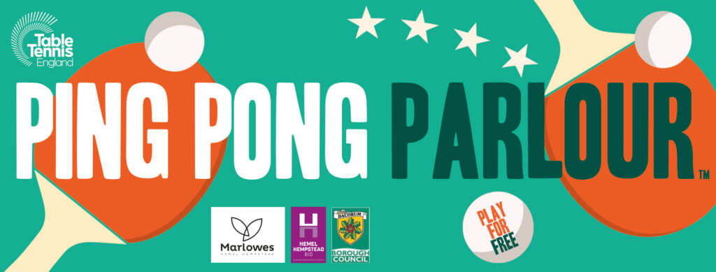 A vibrant promotional banner for a ping pong event titled "Ping Pong Parlour," featuring colorful table tennis paddles and a ball on a teal background. Logos of sponsors are displayed below the main title.