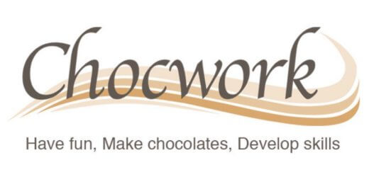 Logo of Chocwork featuring the name in elegant font along with the tagline "Have fun, Make chocolates, Develop skills," highlighting a focus on chocolate-making and skill development.