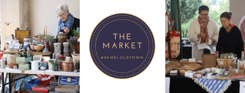 A collage featuring an outdoor market scene, including a vendor with a variety of handmade goods on a table, a logo reading "THE MARKET #hemeloldtown," and two women examining products at another stall.