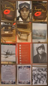 Collage of historical photos and artifacts featuring a pilot wearing goggles, vintage airplanes, and World War II memorabilia, including books titled "Forget Not" with a poppy on the cover.