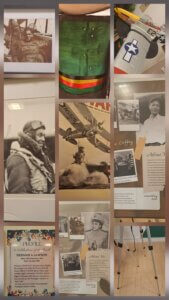 Collage of historical military photos and artifacts, including aircraft parts, pilot portraits, and informational displays with text about aviation history.