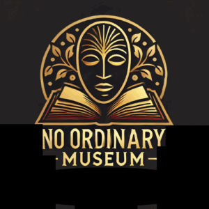 A stylized logo with a tribal mask above an open book, surrounded by decorative leaves, and the text "No Ordinary Museum."