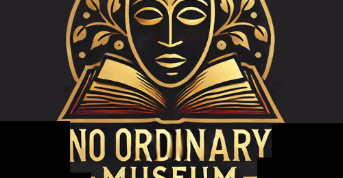 A stylized logo with a tribal mask above an open book, surrounded by decorative leaves, and the text "No Ordinary Museum."